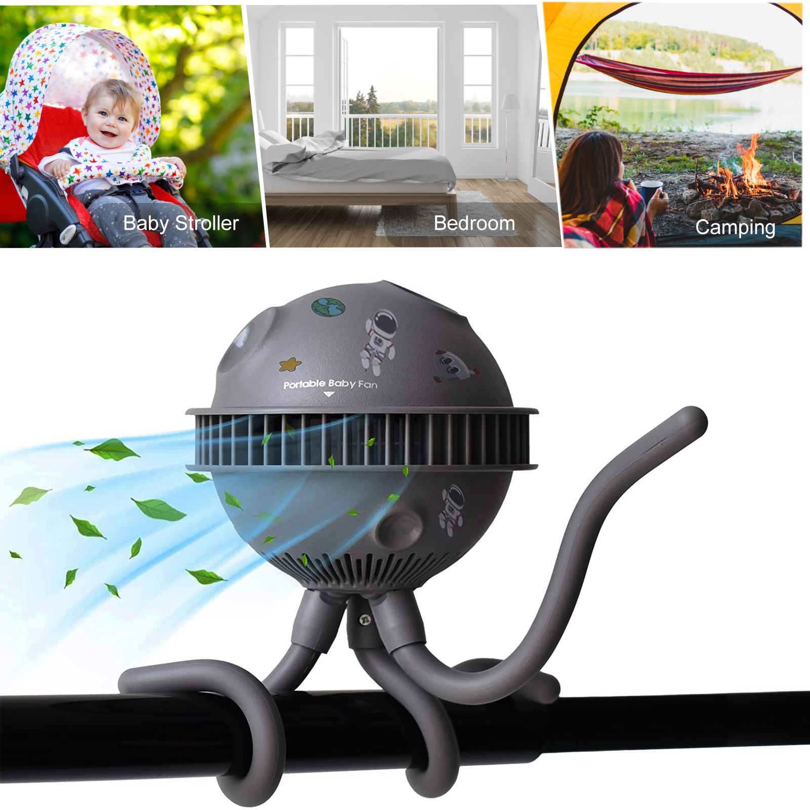 1200 mAh USB Charging Cartoon Clip Fan 4 Speeds Adjustable Portable Baby Stroller Bladeless Fan for Baby Baby Cart Use